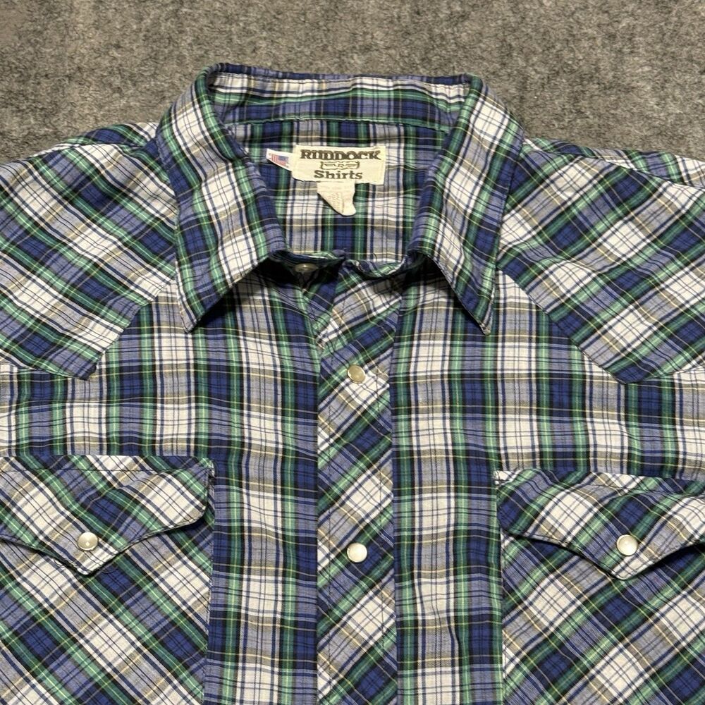 Vintage 80s Ruddock Western Pearl Snap Shirt Mens 18 35 Blue Plaid Cowboy USA